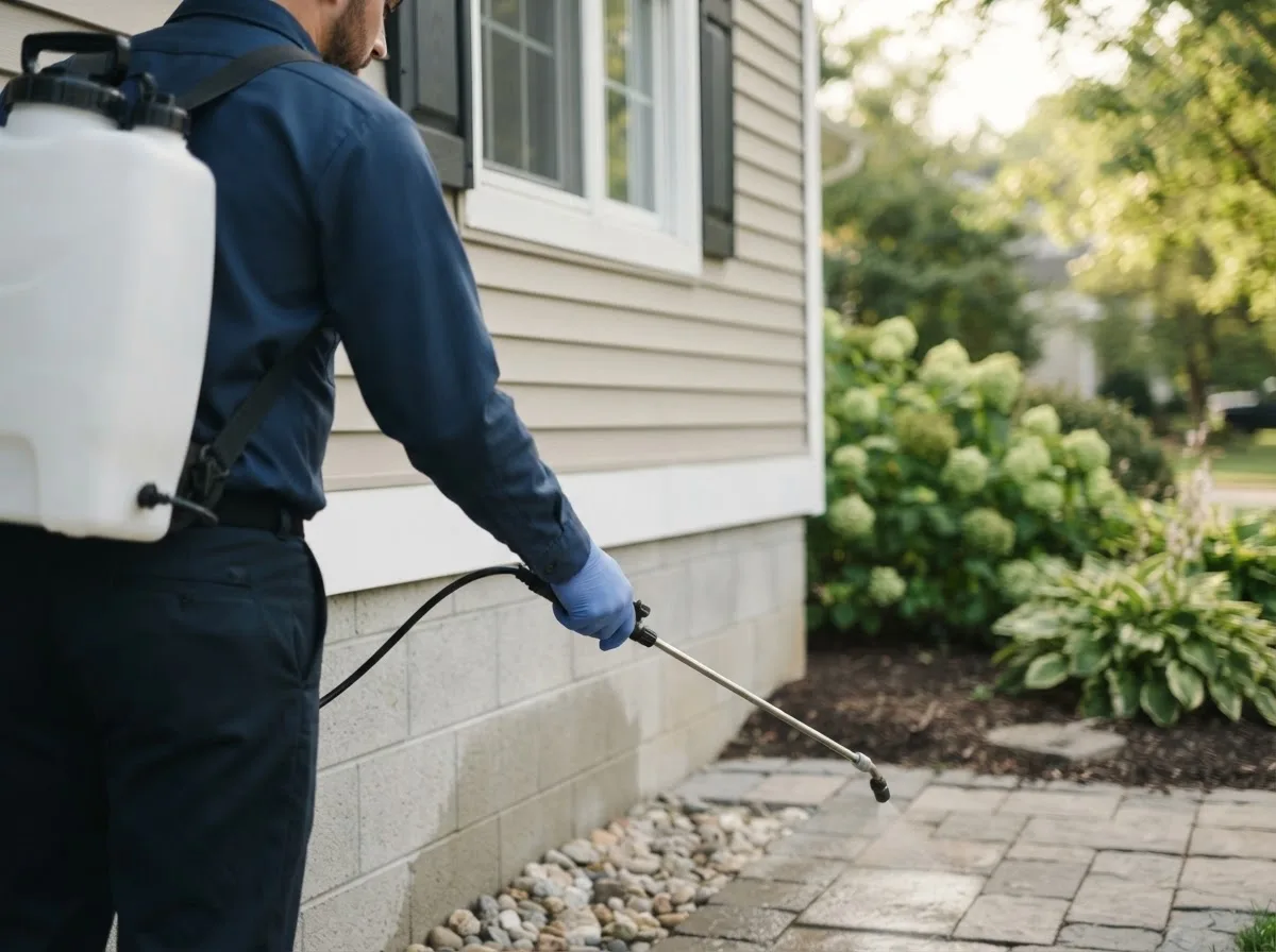 Pest control technician inspecting a home in Miamisburg, OH